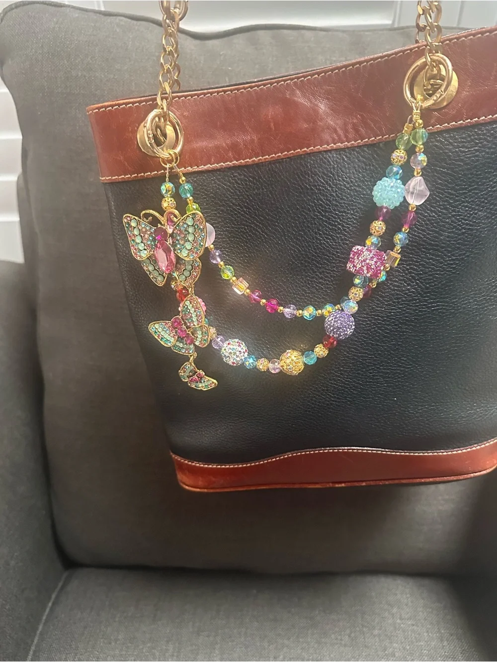 Bally Black and Brown Leather Messenger Tote with Gold Chain